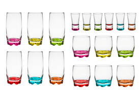 Zestaw szklanek niskich i wysokich kolorowe dno mix + Kieliszki X