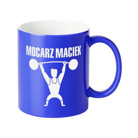 KUBEK niebieski błyszczący WŁASNY NADRUK imię tekst KARTONIK PREZENT GRAWER