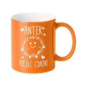 KUBEK pomarańczowy WŁASNY NADRUK imię tekst KARTONIK PREZENT GRAWER