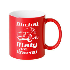 KUBEK czerwony błyszczący WŁASNY NADRUK imię tekst KARTONIK PREZENT GRAWER