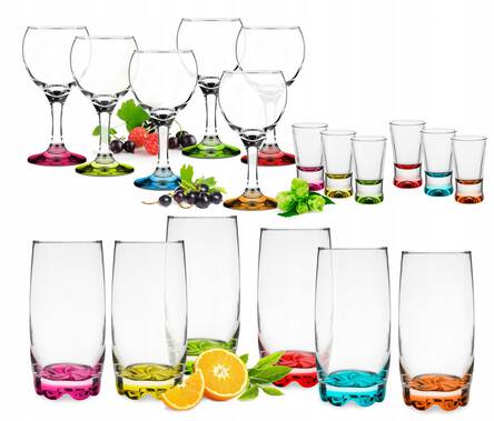 Zestaw 6 kolorowych szklanek wysokich i 6 kieliszków do wina + 6 kieliszków GRATIS!