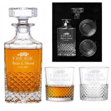Zestaw Karafka do Whisky 750ml + 2 Szklanki Grawer Prezent Ślubny Pudełko