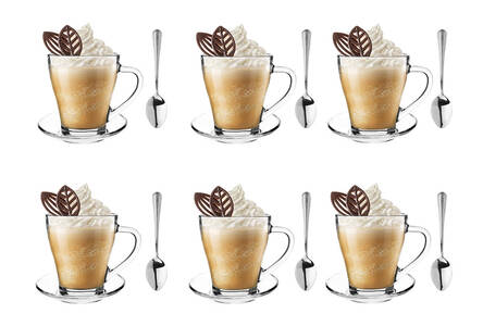 Szklanki HUGO do latte z łyżeczkami i spodkami 6 szt
