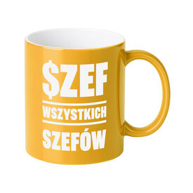 KUBEK żółty błyszczący WŁASNY NADRUK imię tekst KARTONIK PREZENT GRAWER